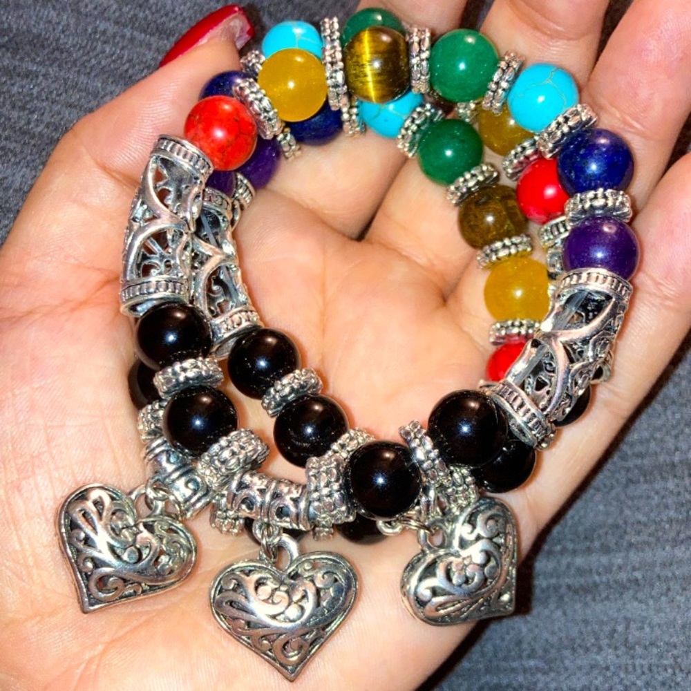 Custom Made Seven Chakra Healing Alignment Stone Heart Shape Charm Bracelet
